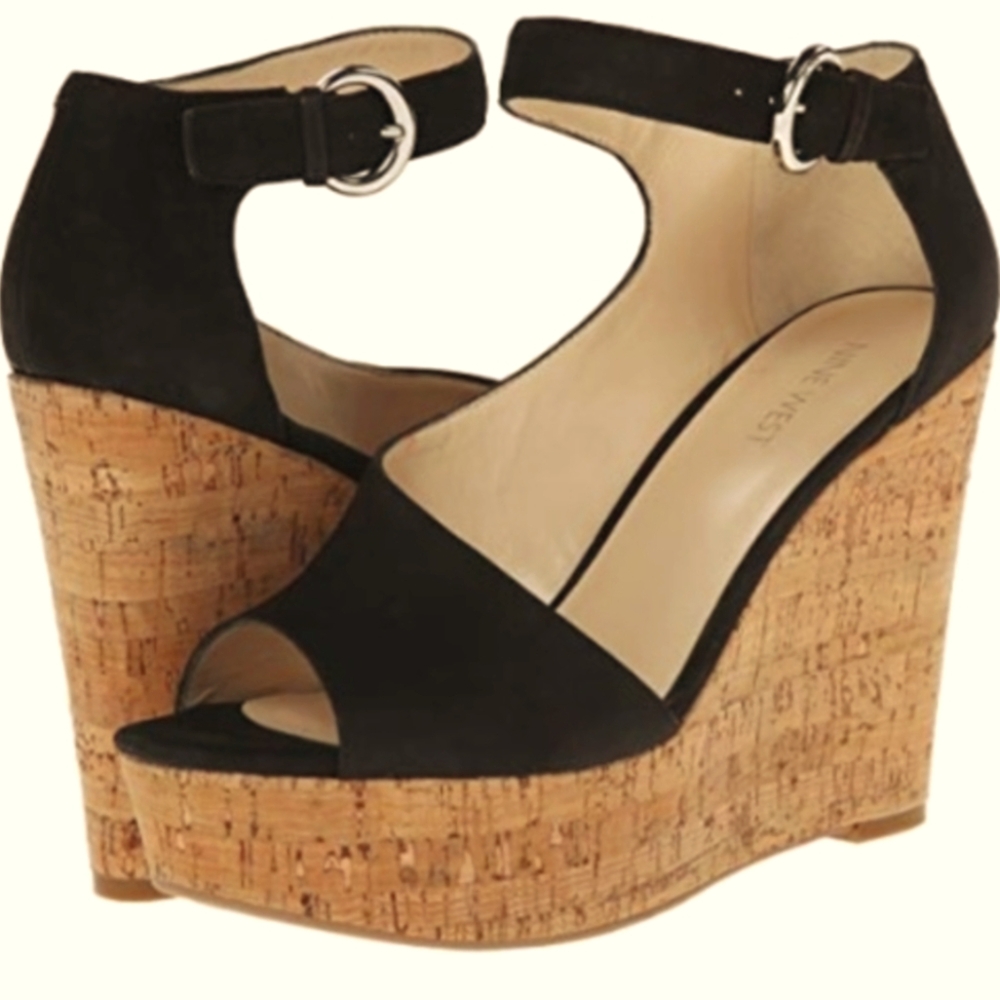 Nine West Black Adyssinian Strap Wedge Heels